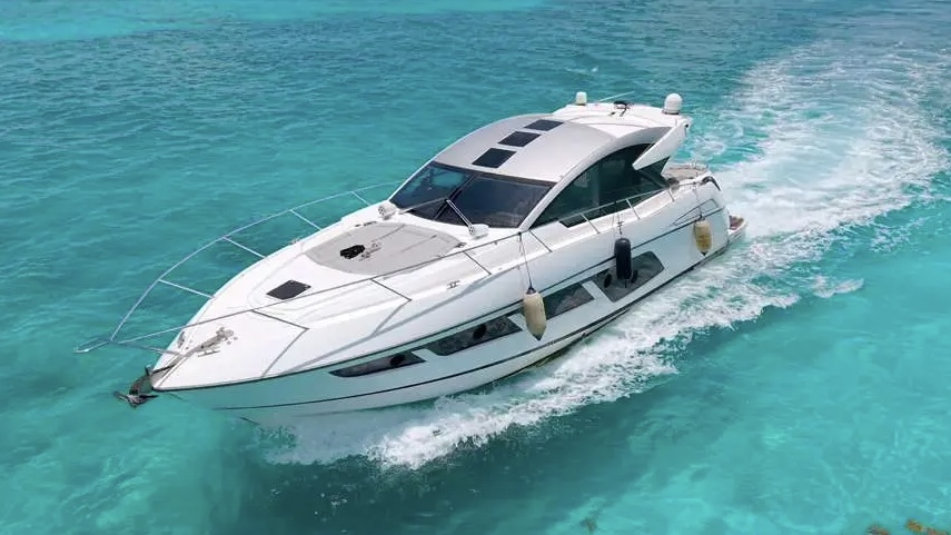 Sunseeker Predator 60ft aerial drone shot in turquoise Miami waters